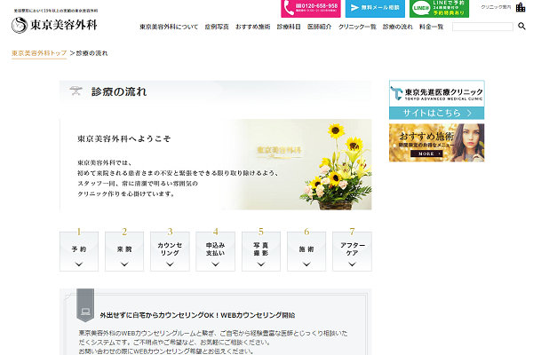 東京美容外科新宿院の公式サイト画面
